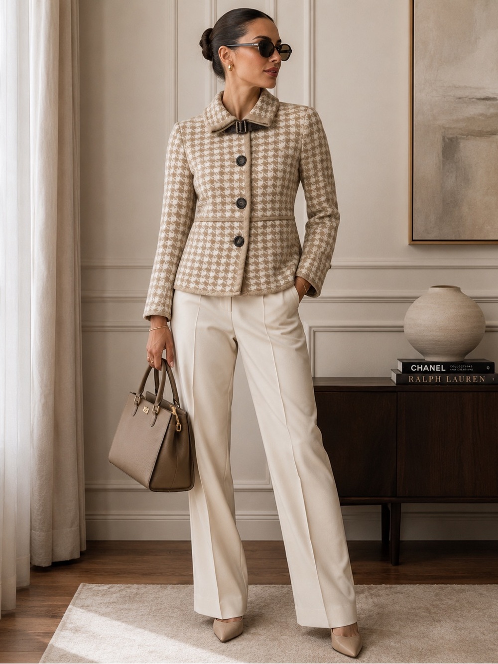 A.IDA Made in Italy Wool Blend Houndstooth Jacket Tan Cream Size S